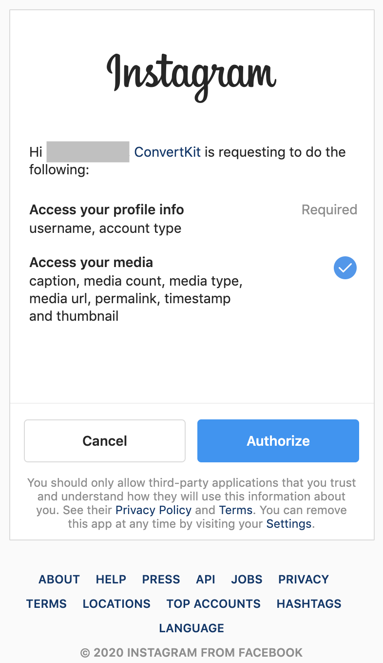 The Instagram authorization window
